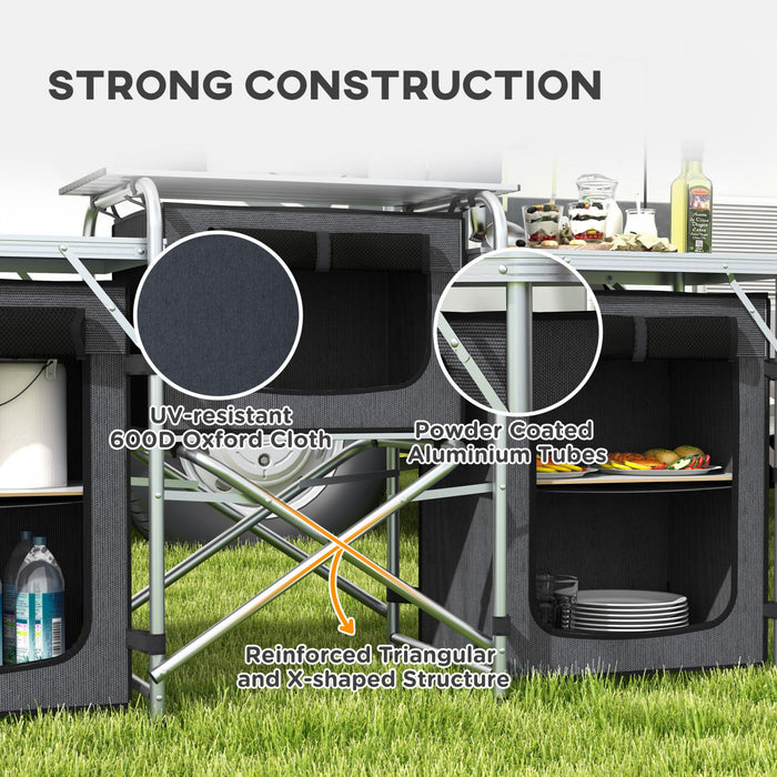 Outsunny Cuisine de camping pliante avec armoires en tissu pare-brise, noir