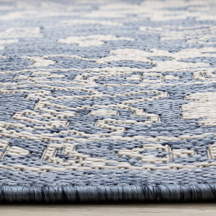 Tapis d'exterieur Cabana bleu et blanc a bordure elegante, 6'7\" x 9'6\"