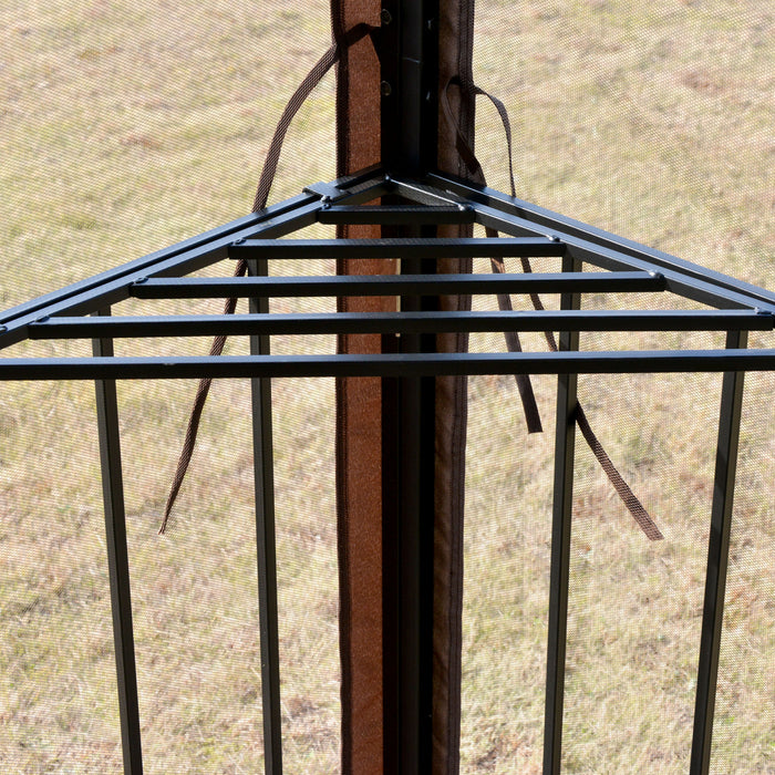 Outsunny 10' X 10' Tonnelle Pavillon Jardin Patio Terrasse Gazebo Exterieur Double Toit Avec Parois Laterales En Maille Amovibles, Etageres, Marron