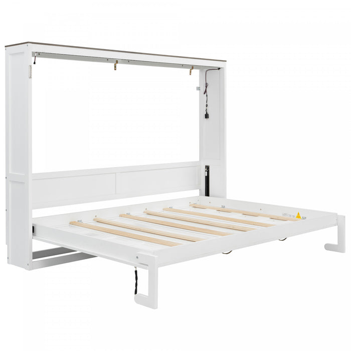 Lit escamotable Olivia en bois massif avec lumiere LED et armoire pliante, taille full, blanc