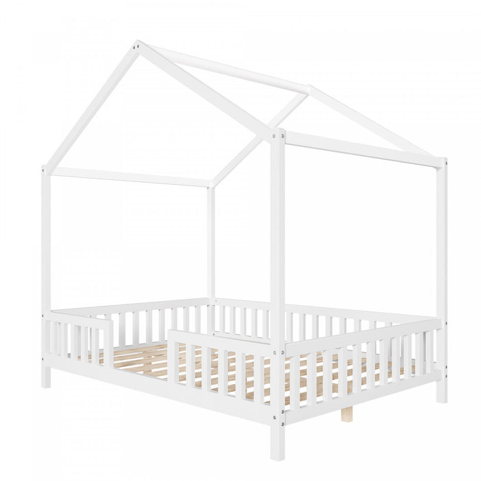 Paul Lit Montessori au sol avec baldaquin et barrieres hautes, Taille Double, Blanc