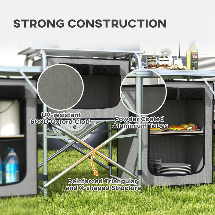 Outsunny Cuisine de camping pliante avec armoires en tissu pare-brise gris
