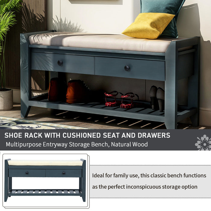 Banc A Chaussures Stephanie En Pin Avec Siege Rembourre Et Tiroirs De Rangement, Bleu Marine Antique
