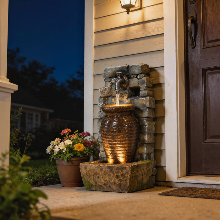 Outsunny Fontaine d'exterieur avec lumieres LED, style rustique