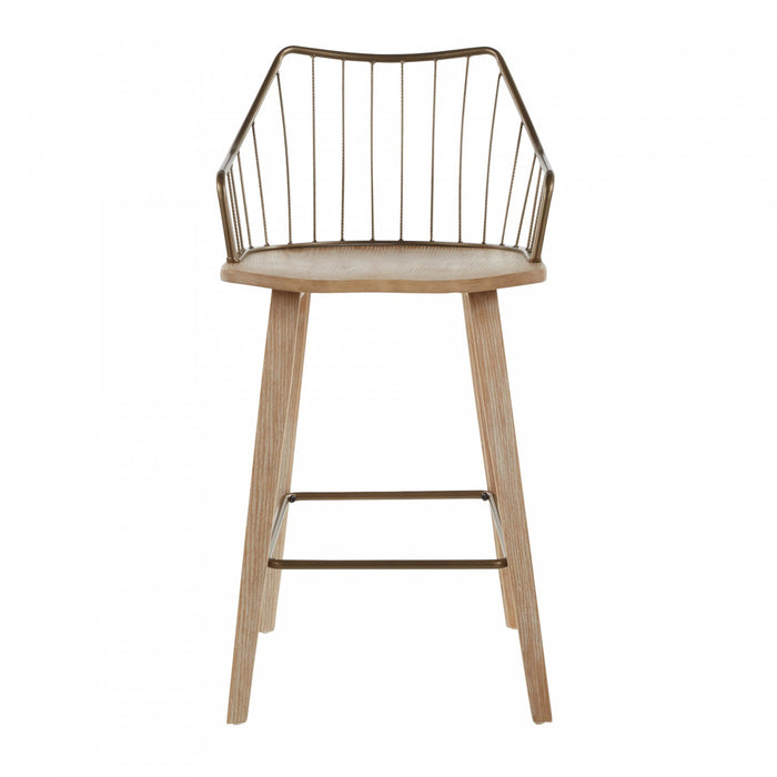 Tabouret champêtre Winston de hauteur comptoir en bois - blanchi et cuivre antique