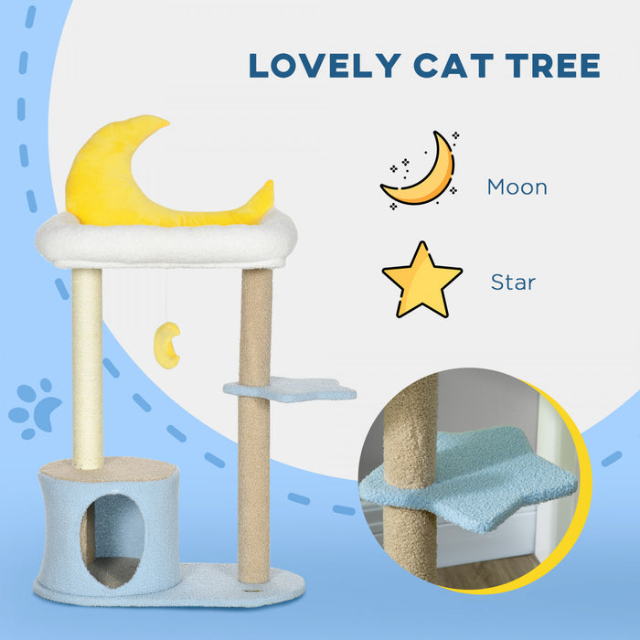 Pawhut 41\" Arbre A Chat Pour Chats D'interieur Avec Maison Et Lit En Peluche Polaire, Tour Pour Chaton Avec Griffoir, Jouet Suspendu En Forme De Lune, Plate-forme Etoile, Bleu