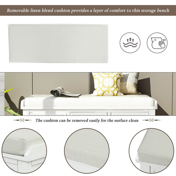 Banc De Rangement Harvey En Bois Massif Avec Tiroirs Et Paniers En Rotin, Blanc