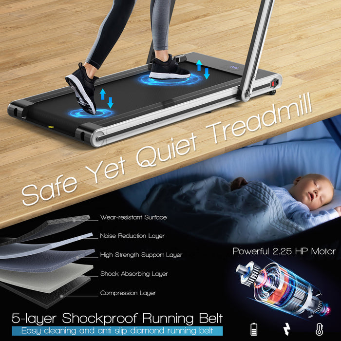 Tapis De Course Pliant De Marque Costway 2 En 1, 2 Cv Machine De Jogging Avec Double Affichage Led Argent