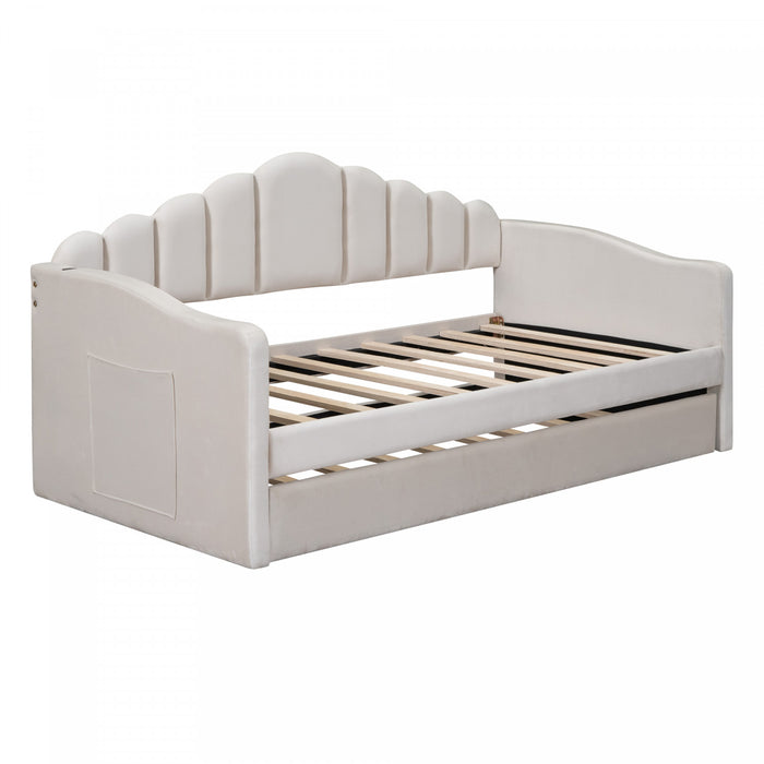 Lily Lit Relevable Capitonne avec Lit Gigogne et Ports de Chargement USB, Taille Twin, Beige