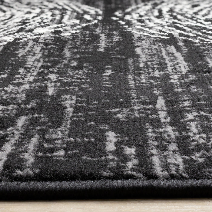 Tapis Florence noir, gris et blanc a motif d'anneaux d'arbre, 5'3\" x 7'4\"