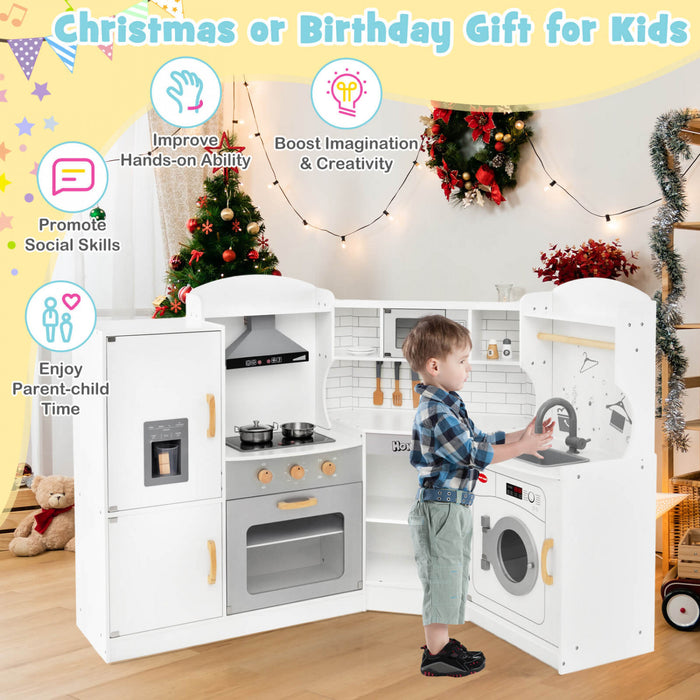 Costway Corner Play Kitchen Baby Kitchen Playset Avec Capuchon De Gamme, Machine A Glace, Micro-ondes