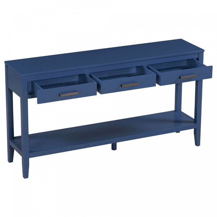 Table d'entree Emma 59,1'' de style ferme avec tiroirs et etagere ouverte, bleue