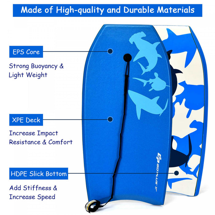Planche De Bodyboard Surf 33 Pouces (83 X 48 X 6 Cm) Avec Sangle De 83 Cm Et Motif Requin Bleu Pour Debutant Enfant Adulte Xpe+hdpe 0.6kg
