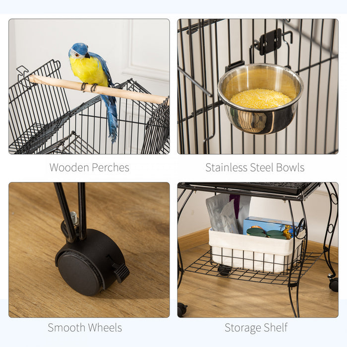 Pawhut Grande Cage A Perroquets En Metal Pour Oiseaux Cage A Perruches Cage A Oiseaux Support Pour Station D'alimentation Avec Roues