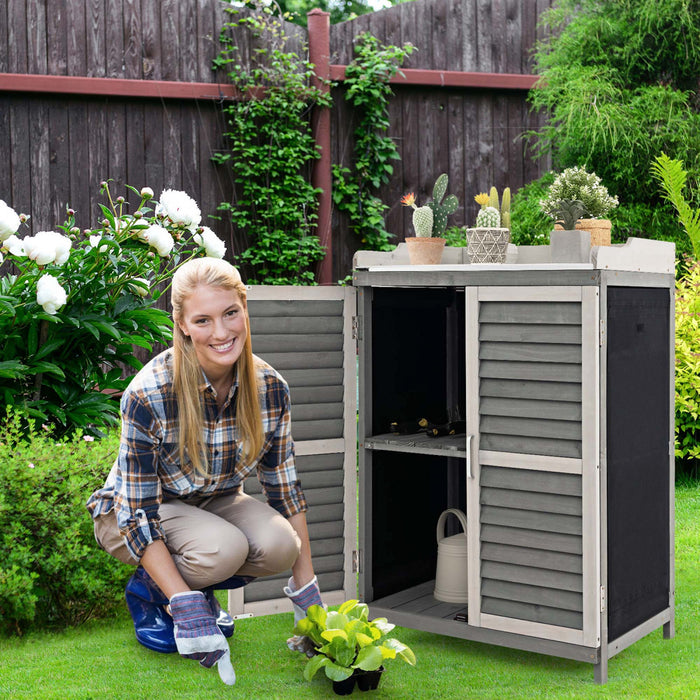 Etabli D’exterieur Avec Dessus Spacieux Galvanise Et Etagere A 2 Niveaux, Abri De Jardin Avec Porte Laterale Enroulable Et Pieds Sureleves, Pour Stocker Pelles, Arrosoirs Et Ciseaux, Gris