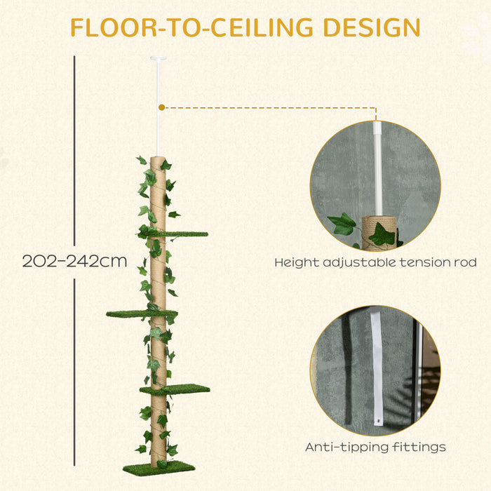 Pawhut Arbre A Chat A 4 Niveaux Du Sol Au Plafond, Hauteur 79,5 A 95,3\" Reglable, Grande Tour Pour Chat Antiderapant, Centre D'activites Multicouche Hautement Simulant Avec Perchoirs, Griffoir - Vert