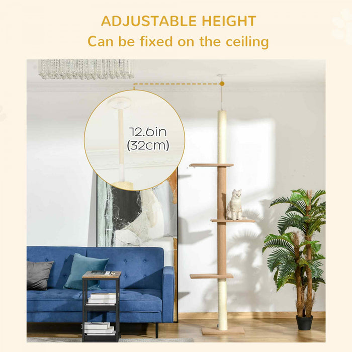 Pawhut 100\" Arbre A Chat Du Sol Au Plafond Avec 3 Perchoirs Centre D'activites Pour Chatons, Marron
