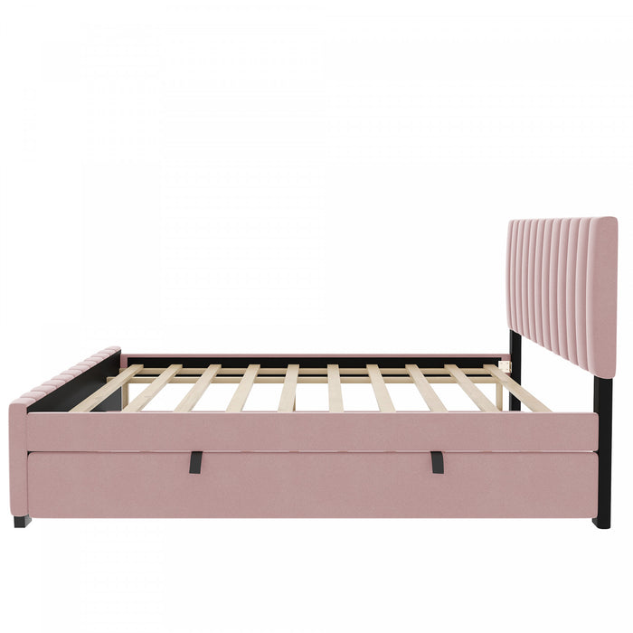 Lit plateforme Ethan rembourre en velours, gain de place, avec tiroir gigogne, taille full, rose