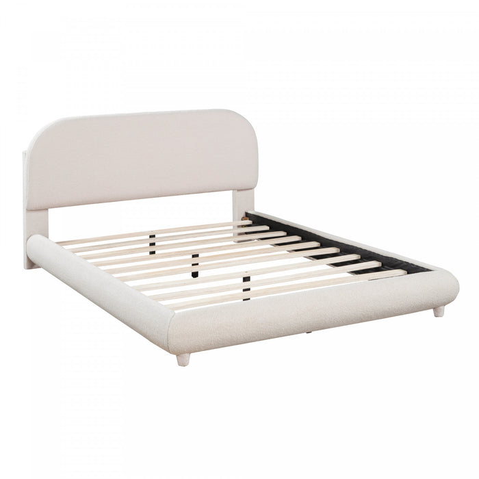 Lit plateforme Sophie rembourre en polaire Teddy avec tissu doux et cadre robuste, taille Queen, beige