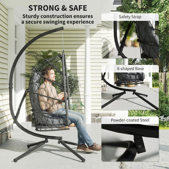 Chaise suspendue Outsunny avec support, chaise balancoire pliable, gris fonce