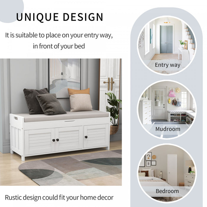 Banc De Rangement Olivia En Pin Avec Meuble A Chaussures 3 Portes Et Compartiment Cache, Blanc