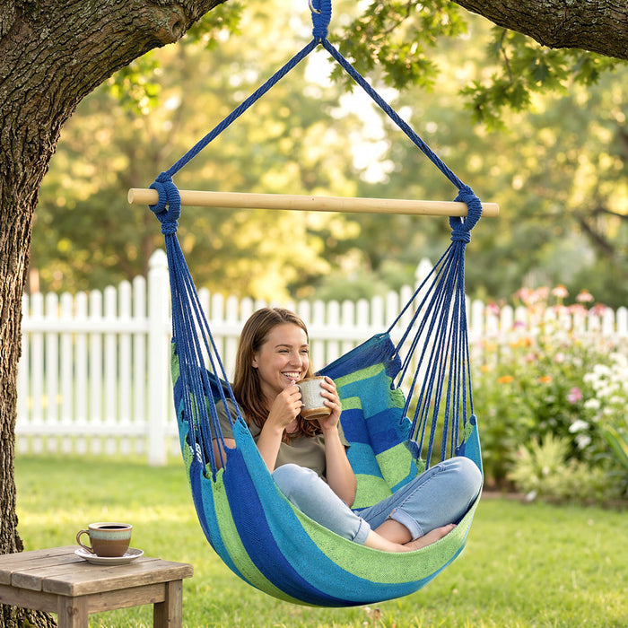 Chaise Hamac Outsunny, Chaise Suspendue en Macrame, Bleu et Vert