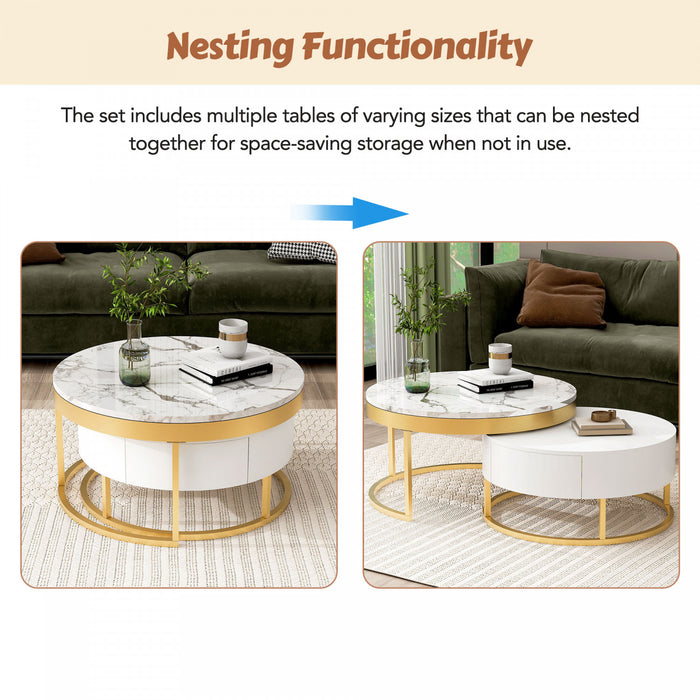Table Basse Gigogne Moderne Herman De 31,5\" Avec Tiroirs De Rangement, Blanche