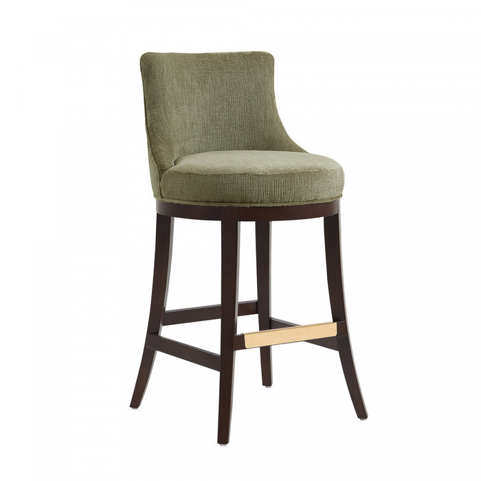 Tabouret de bar moderne en bois Lucia, tapisse de chenille, vert feuille