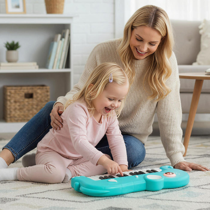 Costway Clavier de Piano pour Enfants 25 Touches en Forme d'Elephant, Jouet Piano Numerique avec Musique et Lumieres Integrees - Bleu