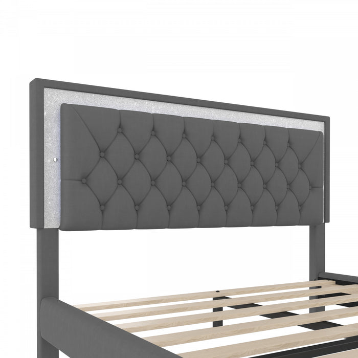 Ensemble De Chambre Sophia 3 Pieces Avec Tete De Lit Capitonnee En Velours, Lit Tapisse Et Eclairage Led, Taille Queen, Gris