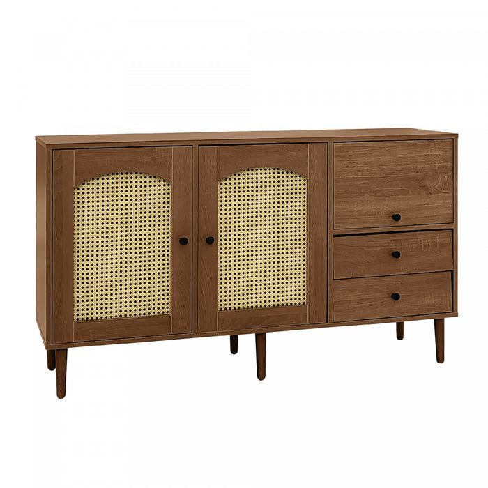 Zona 51.1\" Buffet avec Portes en Rattan et Etageres Ajustables, Marron Fonce