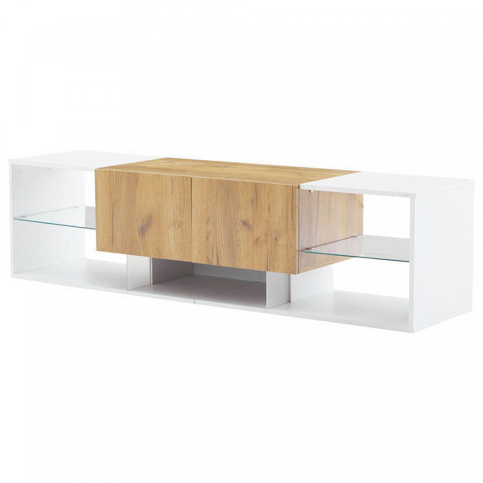 Lucas meuble TV moderne pour televiseurs jusqu’a 70 pouces – meuble avec tiroirs de rangement et eclairage LED, blanc