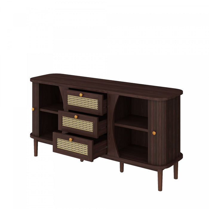 James 55.3\" Cabinet Moderne Minimaliste en Bois avec Portes Coulissantes et Etageres Ajustables, Marron Fonce
