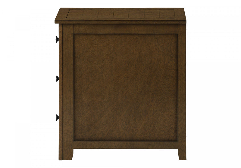 Table de bout, d’appoint et de nuit étroite de style transitionnel avec tiroir de rangement et placages bruns pour la chambre à coucher