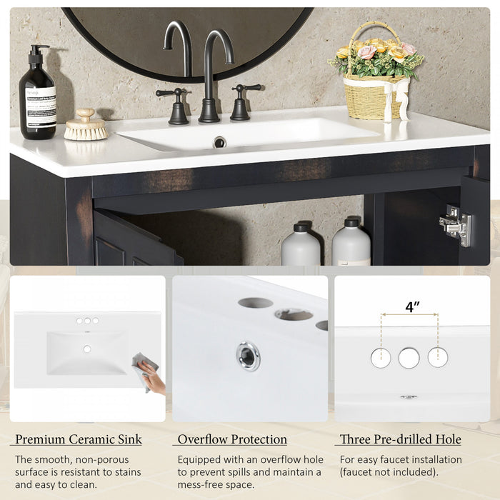 Meuble De Salle De Bain Laura 36\" En Bois Massif Avec Lavabo En Ceramique, Espresso
