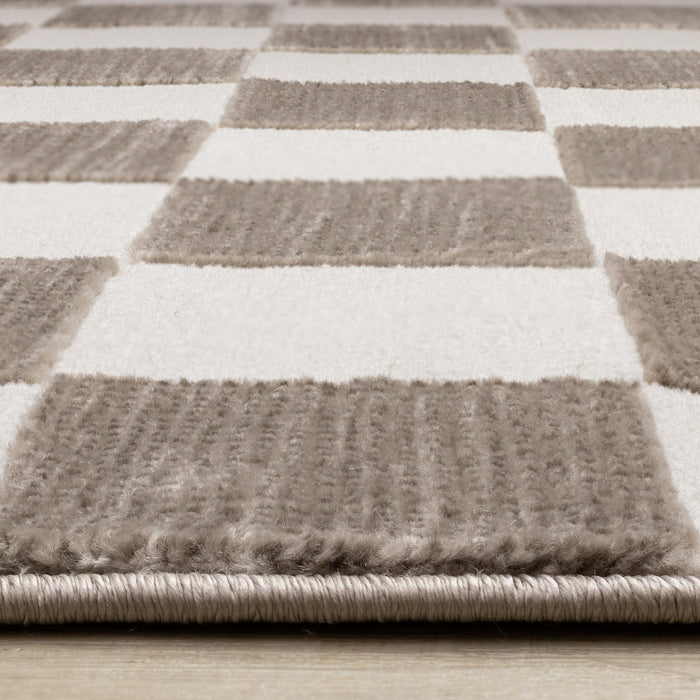 Carpette géométrique Leopold brune et blanche à motif de carreaux - 6 pi 7 po x 9 pi 6 po