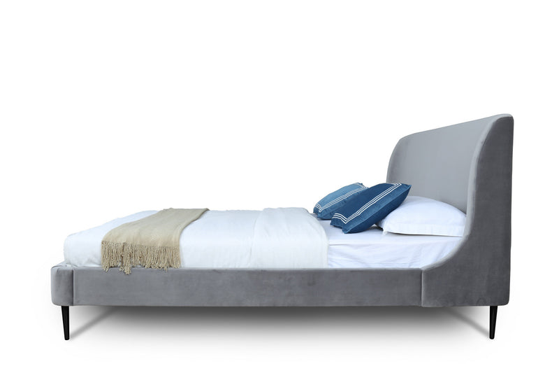Lit Queen Heather style milieu du siecle moderne, rembourre en velours gris et noir
