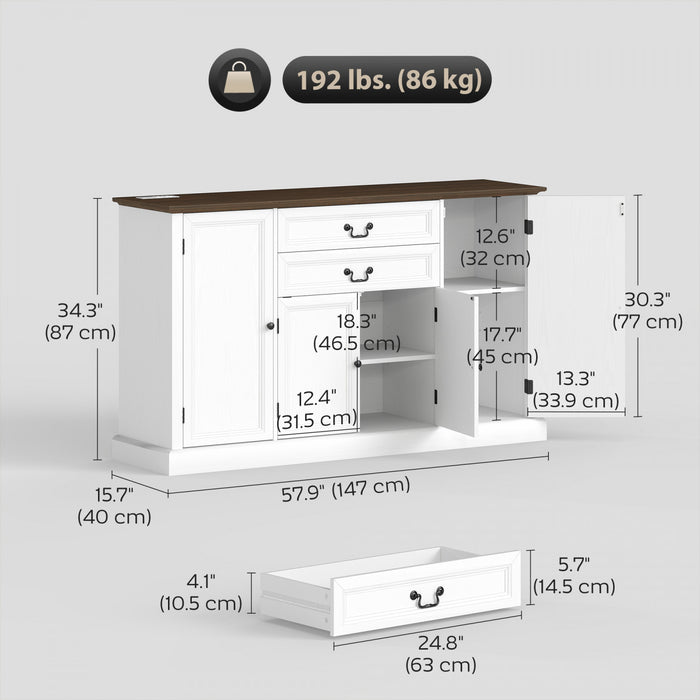 HOMCOM Buffet de style campagnard 58 po avec station de charge, blanc