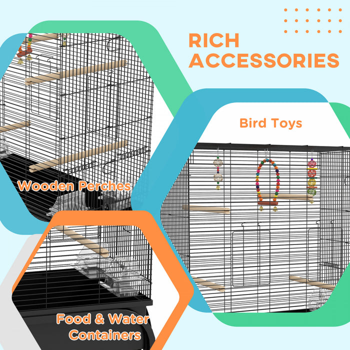Pawhut 51\" Cage A Oiseaux Pour Perruches Canaris Pinsons Avec Support Roulant, Jouets, Noir