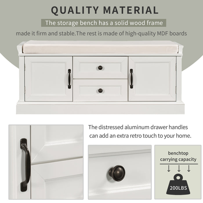 Banc De Rangement Boyce En Bois Massif Avec Meuble A Chaussures 4 Portes Et Coussin, Blanc