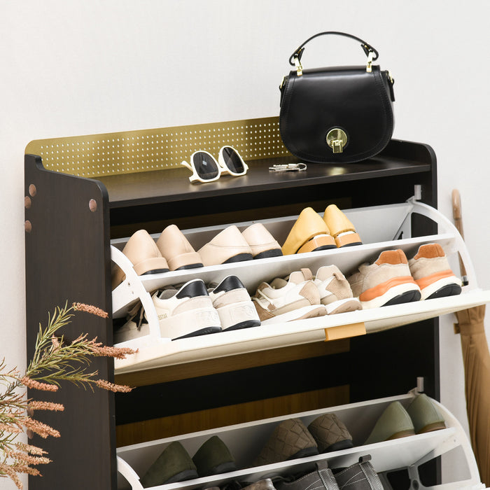 HOMCOM Armoire a Chaussures 2 Tiroirs Rabattables Porte Bambou Blanc
