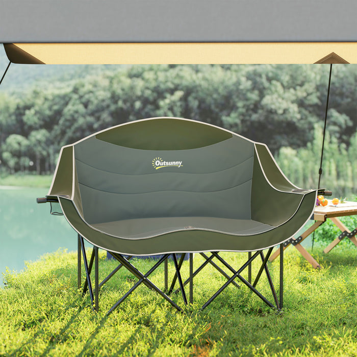 Chaise de camping double Outsunny, chaise rembourree avec porte-gobelets, vert fonce