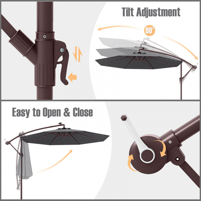 Parasol deporte suspendu Costway 10 pieds avec 32 LED, sac de sable, base croisee exterieure gris fonce