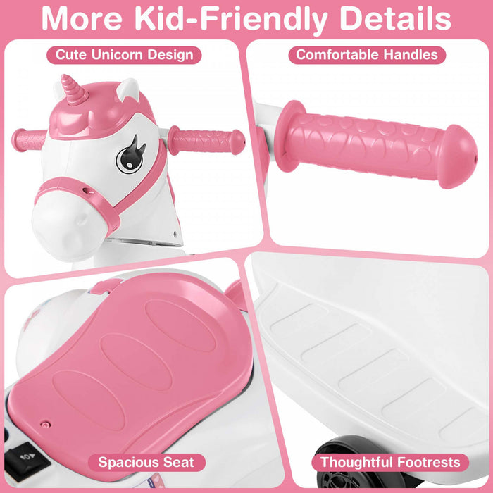 Costway 12v Enfants Monter Sur Jouet Unicorne Avec Roues D'entrainement Musique Un Bouton Demarrer Cheval Jouet Rose