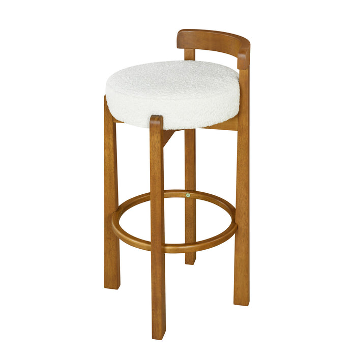 Elise – Lot de 2 tabourets de bar modernes a assise ronde en bois d’hevea avec dossier incurve de soutien et revetement en sherpa, couleur blanche