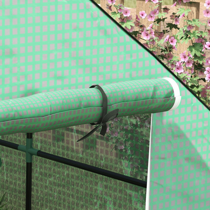 Outsunny Serre De Plain-pied De 4,6' X 4,7' X 6,2' Avec 3 Niveaux Et 8 Etageres, Serre D'exterieur Avec Couverture En Pe Renforcee, Porte Enroulable Pour Serre De Jardin Et Fenetres En Maille, Vert