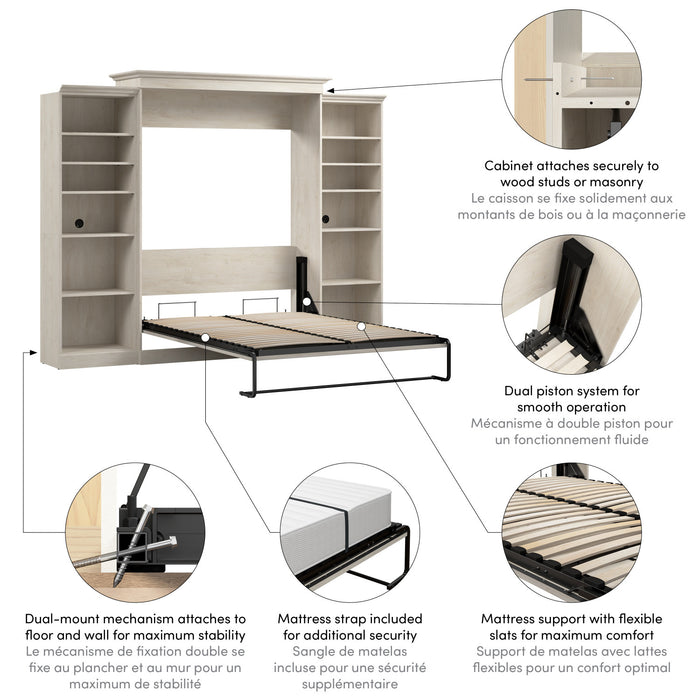 Grand lit escamotable Versatile de Bestar de 115 po (L) avec 2 organisateurs de garde-robe - blanc chêne lin