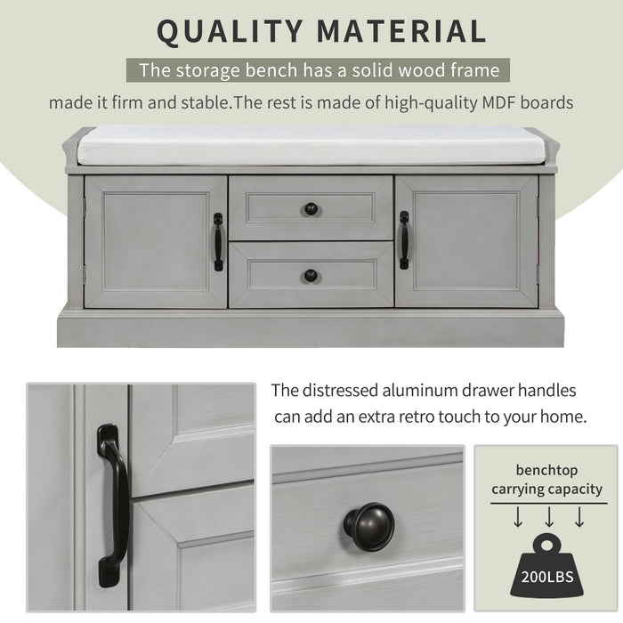 Banc De Rangement Boyce En Bois Massif Avec Meuble A Chaussures 4 Portes Et Coussin, Gris Patine