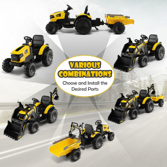 3-en-1 Enfants Montent Sur Bulldozer D'excavateur 12v Tracteur Electrique A Distance W / Remorque Jaune
