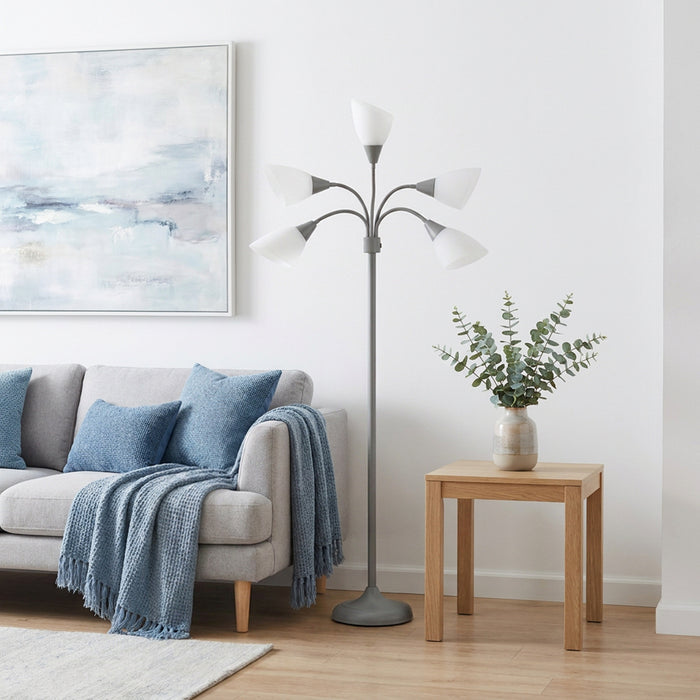 Skye Lampadaire a 5 lumieres avec cols de cygne reglables, Argent et Blanc, 67 po H